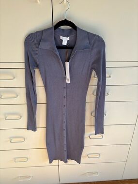 House of Harlow 1960 Ribbed Button-Front Long Sleeve Dress in Dusty Lavender